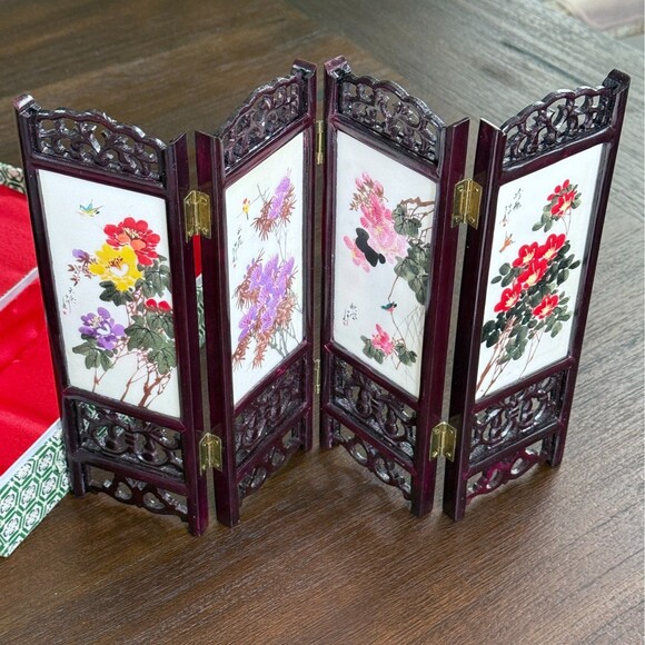 Vintage 2-Sided Hand Painted Marble Articles 4-panel Table Screen China Flowers - Picture 9 of 16